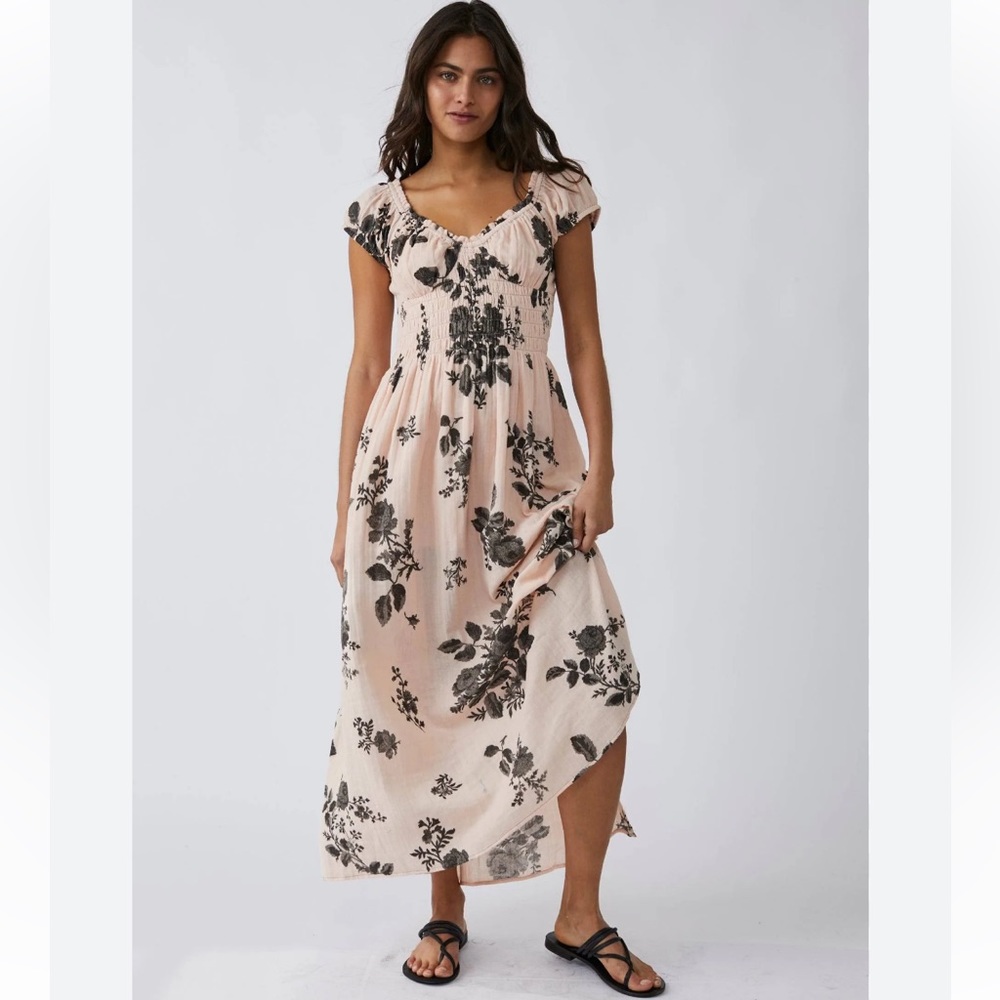 Free People Blush Pink Maxi Dress with Black Floral Print